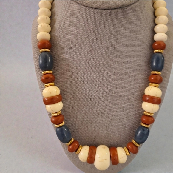 Southwestern Square Silhouette Beaded Chunky Necklace Adobe Blue Bone White - Picture 2 of 3